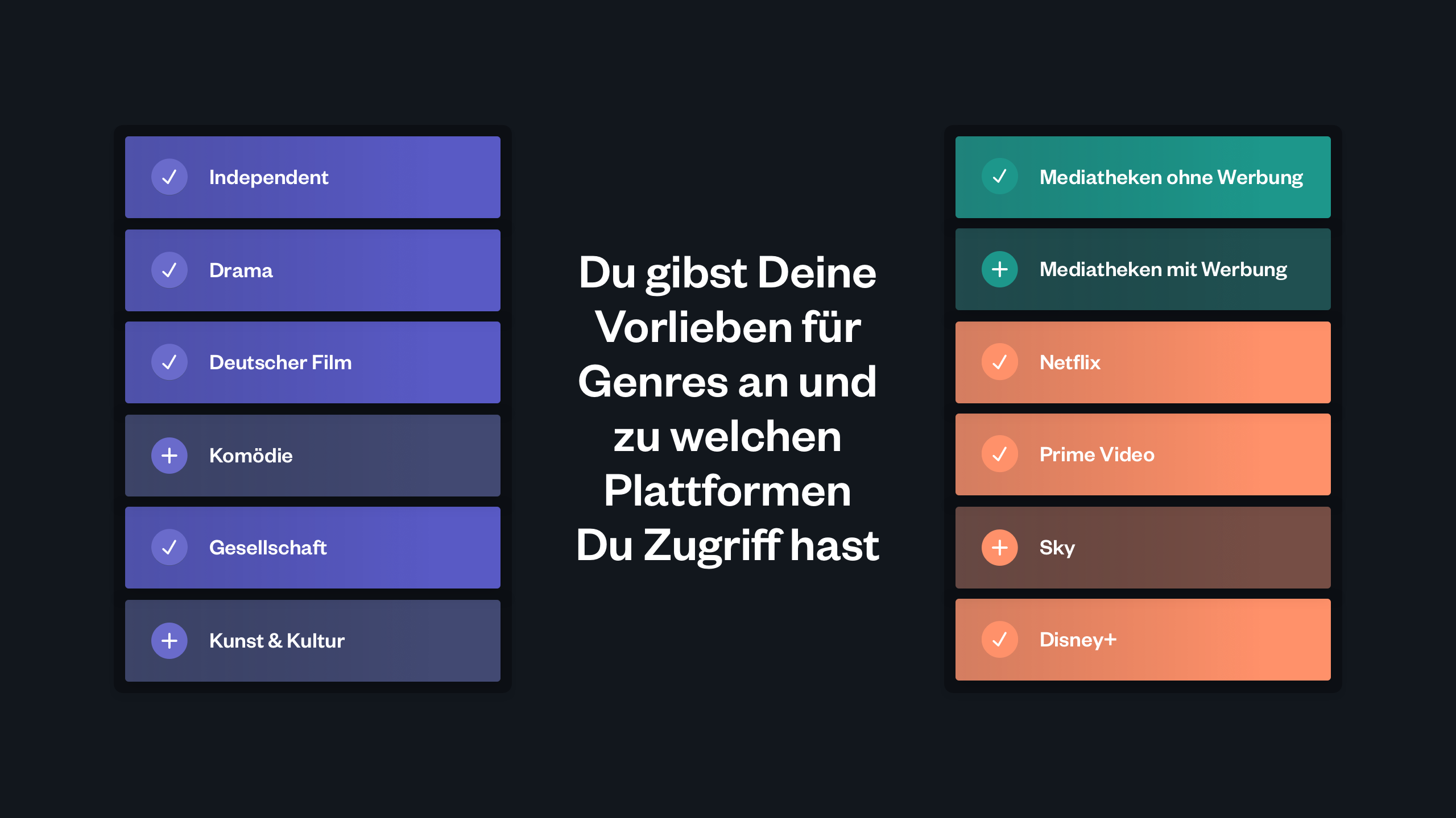 Du gibst Deine Vorlieben für Genres an und zu welchen Plattformen Du Zugriff hast